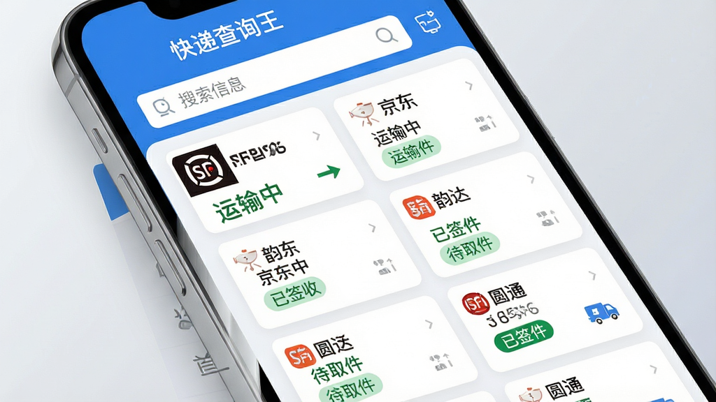 画面主体为一部智能手机屏幕特写,屏幕中清晰显示“快递查询王”应用界面,界面顶部为搜索栏,下方以卡片形式排列着顺丰、京东、韵达、圆通等多个快递公司的物流状态卡片,每张卡片上标注着“运输中”“已签收”“待取件”等标签。整体布局采用左右分栏设计,左侧为功能菜单,右侧为物流信息列表,背景为浅灰色渐变,风格简洁明快,现代扁平化UI设计,色彩以蓝色和白色为主,画质高清细腻,干净无多余元素。