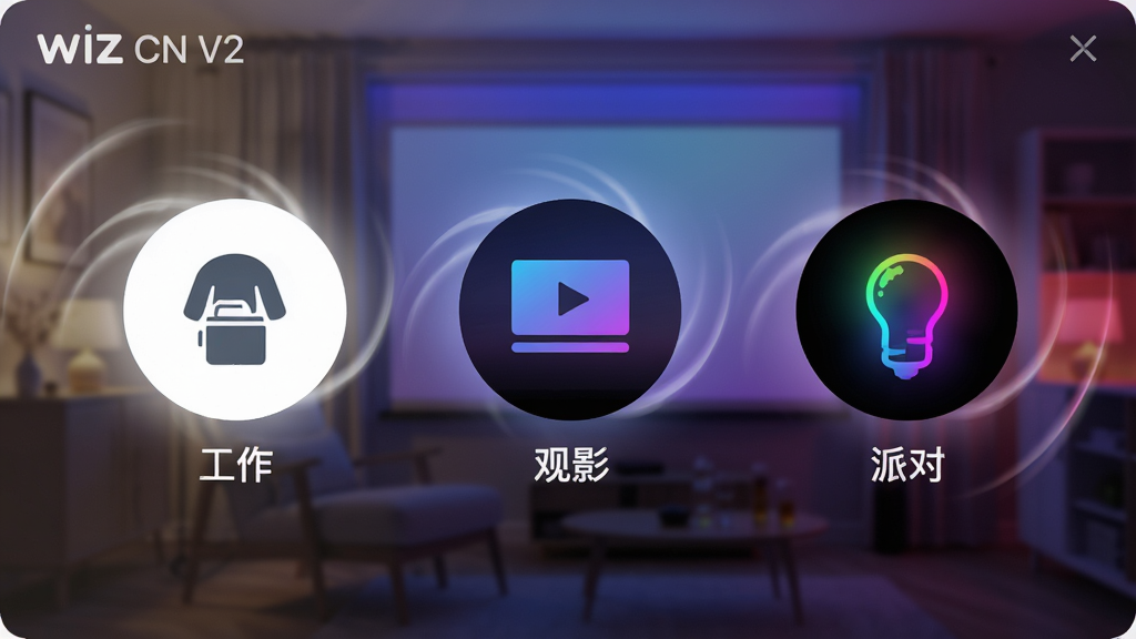 主体:WiZ CN V2软件的情景模式选择界面,展示“工作”、“观影”、“派对”三个模式图标。布局:三个圆形图标横向排列,每个图标下方有文字说明,背景为对应的灯光场景效果。排版:图标简洁,色彩区分明显,文字清晰。风格:现代简约,动态效果展示。细节:工作模式为明亮白光,观影模式为昏暗蓝紫光,派对模式为多彩霓虹光,画面干净。画质:4K超清,光影效果真实。文字:图标下方分别标注“工作”、“观影”、“派对”。