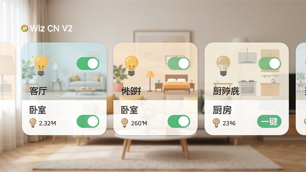 主体:WiZ CN V2软件的分组管理界面,显示多个房间卡片(客厅、卧室、厨房),每个卡片上有灯具图标和开关状态。布局:手机界面平铺展示,卡片式布局,横向滑动切换。排版:卡片圆角设计,图标清晰,文字标签醒目。风格:扁平化设计,色彩明快,家居温馨感。细节:每个卡片上显示灯具数量和一键控制按钮,背景为淡雅的客厅实景。画质:高清细腻,光线柔和,干净无多余元素。文字:卡片上标有“客厅”、“卧室”、“厨房”标签。