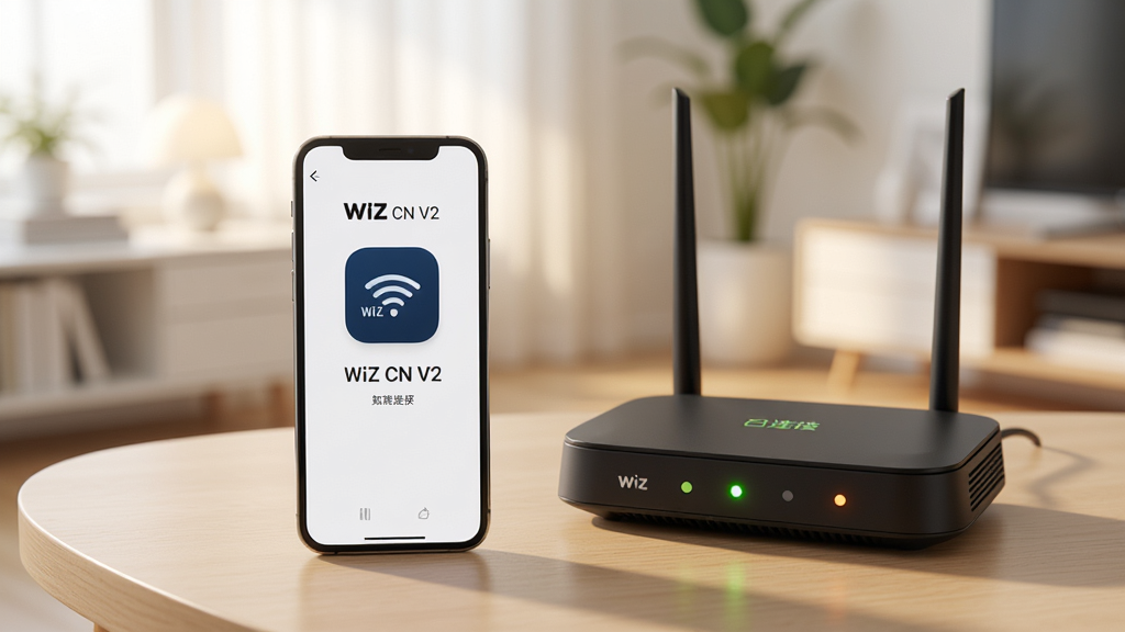 主体:WiZ CN V2应用安装在手机上的界面,手机放在桌面上,旁边有Wi-Fi路由器。布局:手机和路由器并排,周围有柔和的光线,背景为简约家居。排版:手机屏幕显示应用图标和“WiZ CN V2”字样,路由器指示灯闪烁。风格:写实摄影风格,光线明亮。细节:手机屏幕上显示“已连接”状态,画面干净。画质:高清,细节丰富。文字:手机屏幕显示“WiZ CN V2”。