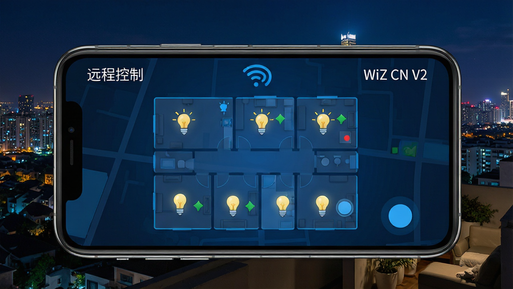 主体:WiZ CN V2远程控制界面,手机屏幕显示家中的灯光状态地图,室外场景为背景。布局:手机屏幕占据主体,背景为城市夜景,灯光闪烁。排版:地图上标有各个房间的灯光图标,状态清晰。风格:科技感强,蓝色调为主,结合户外夜景。细节:手机屏幕中显示“远程控制”字样,灯光图标可点击操作,画面干净。画质:高清,色彩对比鲜明。文字:屏幕中显示“远程控制”和“WiZ CN V2”字样。