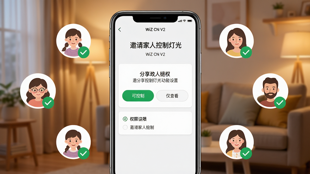 主体:WiZ CN V2分享功能界面,手机屏幕显示分享邀请链接和权限设置选项。布局:手机居中,周围有家人、朋友的头像图标环绕,表示分享对象。排版:界面简洁,权限选项清晰,有“可控制”、“仅查看”等按钮。风格:温馨家庭风格,色彩柔和。细节:头像上有绿色对勾表示已授权,背景为客厅灯光效果。画质:高清,人像清晰,画面干净。文字:屏幕中显示“邀请家人控制灯光”和“WiZ CN V2”字样。