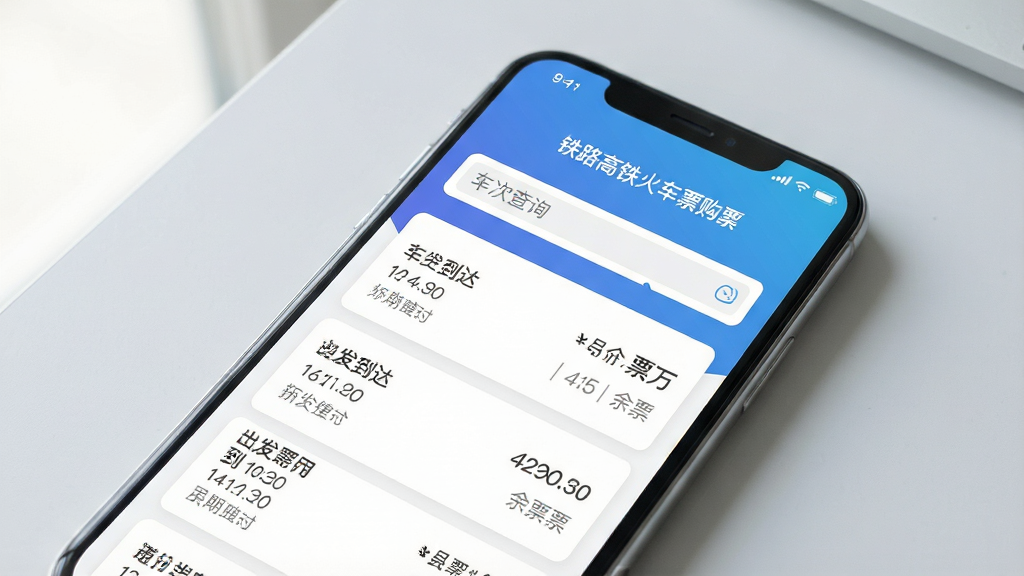 一张智能手机屏幕特写,屏幕正面展示“铁路高铁火车票购票”应用主界面,界面风格清新简洁,顶部为蓝色渐变背景,中间显示车次查询的搜索框,下方以卡片形式排列着几条列车时刻信息,包含出发到达时间、票价和余票数量。手机周围环境干净明亮,背景为浅灰色桌面,无多余元素,整体画面干净,画质高清,突出应用界面的功能布局与清爽风格