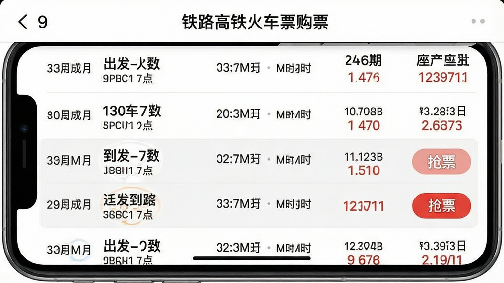 一张手机横屏截图,展示“铁路高铁火车票购票”应用的车次列表页面。页面以白色为背景,每一行清晰罗列了车次号、出发与到达站点名称、出发和到达时间、耗时以及不同座位等级的票价。其中某一行被高亮选中,旁边显示一个“抢票”的红色按钮。画面布局规整,信息层级分明,画质清晰,无多余元素,重点体现查票功能的详实与直观。