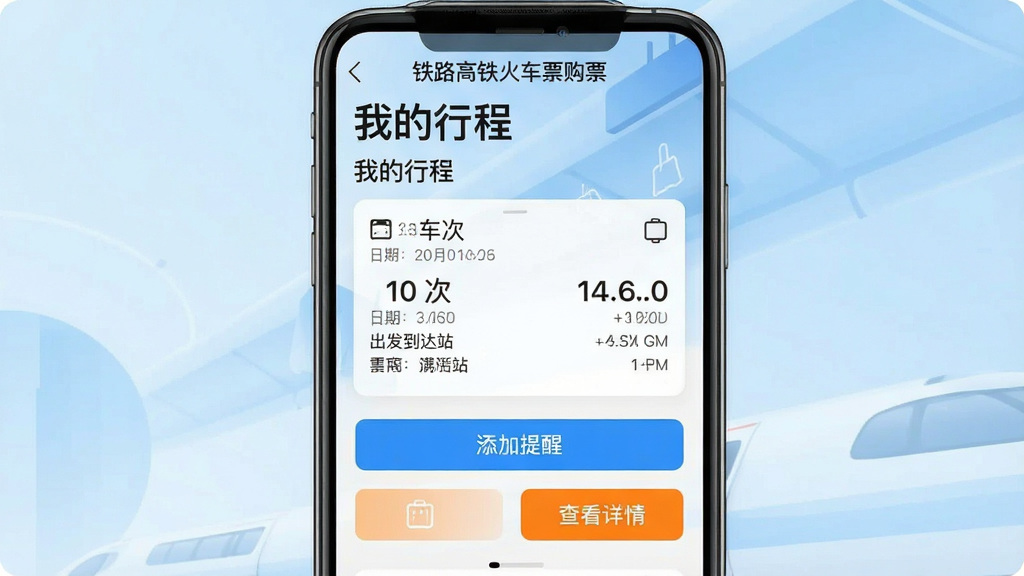 一张手机界面的竖向截图,显示“铁路高铁火车票购票”应用中的“我的行程”页面。界面以卡片形式展示了一个即将出发的行程,卡片上清晰标注了日期、车次、出发到达站和时间。卡片下方有两个不同颜色的按钮,一个蓝色标记为“添加提醒”,一个橙色标记为“查看详情”。背景为浅蓝色渐变的抽象图形,画面简洁,画质干净,无多余元素,突出行程管理的智能与便捷。