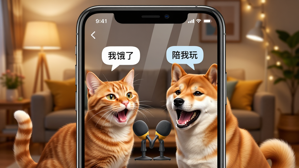����Ϊһ�������ֻ���Ļ��ʾAnimal TranslationӦ�ý��棬������һֻ��è��һֻ��Ȯ�����ֻ���˷�к�����Ļ�ϸ��ֳ��������ݡ��Ҷ��ˡ��������桱����������ܰ�Ŀ�����ůɫ���ƹ⣬�������ֻ�Ϊ�������ҶԳƣ��Ű����������дʵ�Ҵ��п�ͨȤζ��ϸ����ͻ��ë���ʸк���Ļ���⣬���ʸ��壬�ɾ��޶���Ԫ��