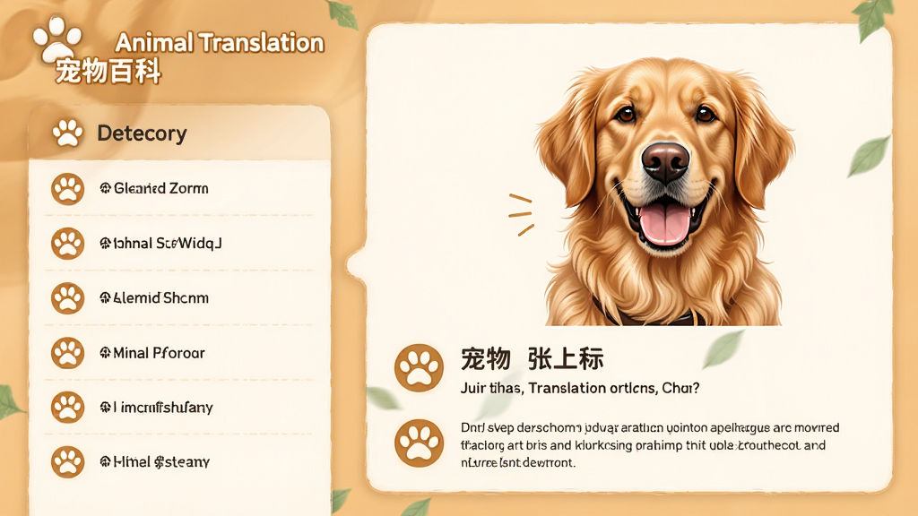 Animal Translation����ٿ�ҳ���ͼ�����ΪĿ¼�б����Ҳ�չʾһֻ��ëȮ����ϸ���ܣ���������˵����ͼ�꣬�������ůɫϵ�������Ű����룬ͼ�Ĳ�ï�����������Ȼ��ϸ����ͻ��ë������˳�У����ʸ��壬�ɾ��޶���Ԫ��