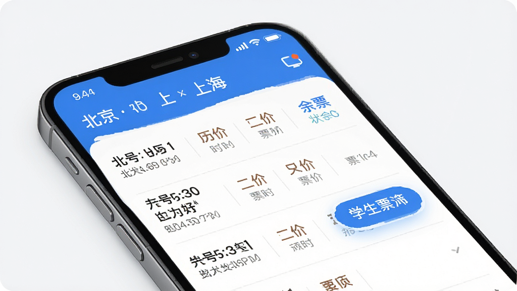 չʾ��·��Ʊ��Ʊ����App�����ܲ�ѯ���ܽ��棬����Ϊ�ֻ���Ļ����Ļ����ʾ�ӱ������Ϻ��ĳ����б���ÿ�а������κš���������ʱ�䡢��ʱ��Ʊ�ۺ���Ʊ״̬������ѧ��Ʊɸѡ��ť������ʾ�����岼����������Ϣ�㼶�������ִ���Լ���������ɫ������ϸ�壬�ɾ����޶���Ԫ��