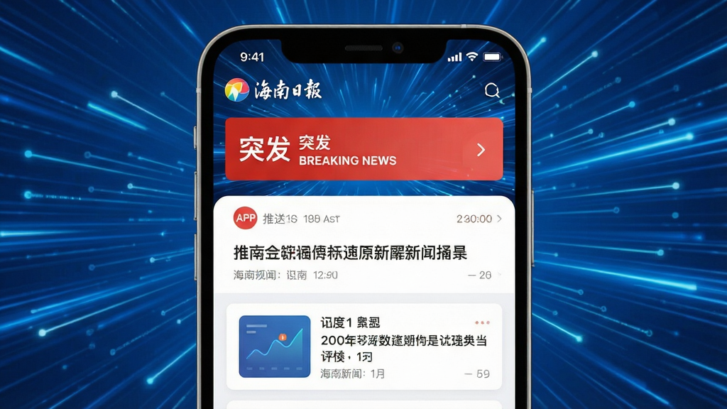 图片主体为“海南日报”APP的新闻推送通知界面截图,手机屏幕上方有醒目的红色“突发”新闻推送横幅。背景为充满科技感的蓝色光速线条,象征信息传递的极速。布局以手机界面为主,下方配以简洁的新闻摘要卡片。风格为现代扁平化结合轻拟物,细节包括推送时间、新闻标题加粗等,画质锐利干净,无多余元素。