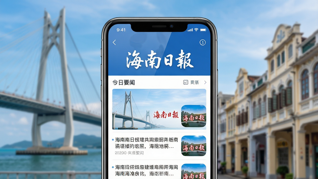 画面主体为一款名为“海南日报”的手机新闻应用界面特写,手机屏幕占据画面中心,界面风格简洁现代,以蓝色和白色为主色调。屏幕中清晰展示着“海南日报”四个大字及当日要闻列表,背景为虚化的海南地标建筑如世纪大桥、骑楼老街等元素。排版采用手机居中构图,突出应用名称与界面内容。风格偏向写实科技感,细节包括屏幕反光、应用图标高光等,画质高清,整体干净无多余元素。