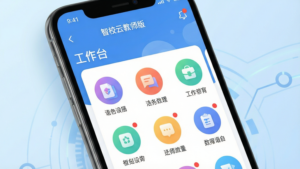 画面主体为一部智能手机屏幕特写,屏幕内清晰展示“智校云教师版”APP主界面,界面顶部显示“工作台”字样,下方排列着彩色圆形功能图标。布局采用居中构图,手机微微倾斜,背景为柔和的浅蓝色渐变,营造出清新专业的科技感。风格为现代扁平化UI设计,细节之处展现消息红点与清晰的文字标签。画质高清,光影过渡自然,整体画面干净,无多余元素。