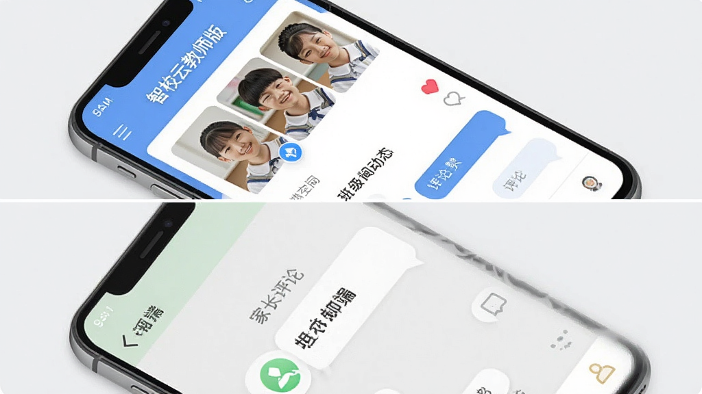 画面主体为手机与家长手机屏幕的拼接展示,上方为“智校云教师版”班级空间动态页面,下方为家长端收到通知的界面。布局为上下平行分割,背景为干净的浅灰色。风格为UI界面展示,细节包括学生照片、点赞图标和评论气泡。画质高,文字清晰,界面简洁干净。