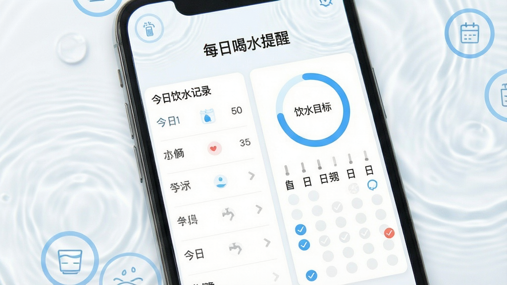 һ����ÿ�պ�ˮ���ѡ���������չʾͼ���������ֻ�App����Ϊ�Ӿ����ģ�������չʾ������ˮ��¼�б�����ˮĿ����Ȼ��Լ���������ͼ������Ϊǳ��ɫ��������͵�ˮ������������ɫԲ��ͼ�꣬�Ű�������ҷ������֣�����Լ���£�ϸ�ڷḻ�����ʸɾ��޶���Ԫ�ء�