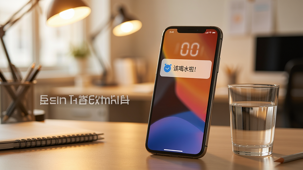 չʾ��ÿ�պ�ˮ���ѡ����ѹ��ܵĳ���ͼ��������һ���ֻ����ڰ칫���ϣ���Ļ������ʾ���ú�ˮ������������֪ͨ���Ա߷���һ������ˮ��������Ϊģ���İ칫�һ�����ůɫ���ƹ⣬ͻ���ֻ�֪ͨ�͡�ÿ�պ�ˮ���ѡ����ƣ����дʵ��������������ͼ������