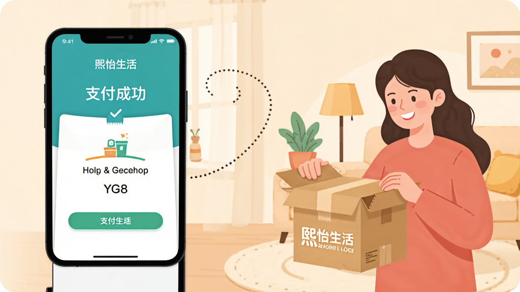 主体:一张关于“熙怡生活”APP使用场景的插图。布局:画面左侧是一部手机,屏幕上显示订单支付成功页面,右侧是一个温馨的家中收货场景,用户正在打开快递包裹。排版:手机与人物场景通过一条弯曲的虚线连接,背景为淡雅的米黄色。风格:扁平化插画风格,色彩明快。细节:手机屏幕上有“支付成功”字样,包裹上有“熙怡生活”LOGO,人物面带微笑。画质:矢量高清,画面干净,无多余元素。