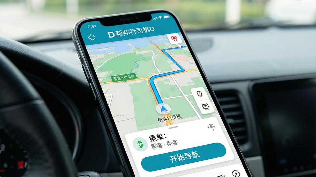 ���壺˾���ֻ���Ļ��ʾ�����˾��D�������棬·�����������֣�������ͼռ����Ҫ���棬�ײ��нӵ���Ƭ���Ű棺��ͼ·������ɫ�������ӵ���Ƭ��ʾ�˿���Ϣ�����дʵ��UI��ϣ�ɫ��������ϸ�ڣ���ͼ����ʵʱ·����ɫ��ǣ���Ƭ���С���ʼ��������ť�����ʣ����壬�ɾ����޶���Ԫ�ء�