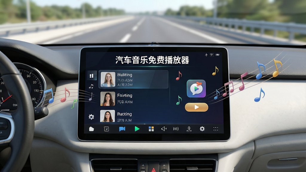 主体:一辆行驶在高速公路上的汽车,中控大屏显示“汽车音乐免费播放器”界面,界面中有歌曲列表和播放按钮;布局:汽车中控台居中,屏幕内容清晰可见,周围是简洁的内饰;排版:大屏居中,文字“汽车音乐免费播放器”在屏幕上方居中显示;风格:写实3D渲染,光线明亮,色彩真实;细节:屏幕界面高亮,背景虚化,音乐音符元素环绕;画质:4K超清,干净无多余元素
