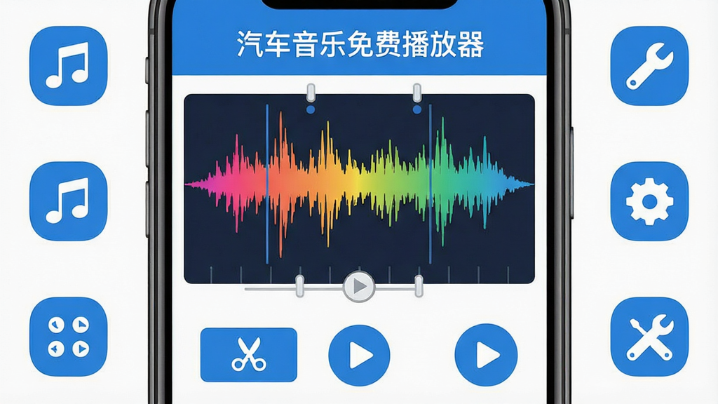 主体:手机屏幕特写,显示“汽车音乐免费播放器”的音频剪辑界面,有波形图和裁剪标记;布局:手机居中,屏幕占画面主体,周围有音乐符号和工具图标;排版:界面简洁,波形图占屏幕上半部分,按钮在下半部分;风格:扁平化UI设计,蓝白配色;细节:波形图彩色渐变,剪刀图标和播放按钮清晰;画质:高清,干净无多余元素