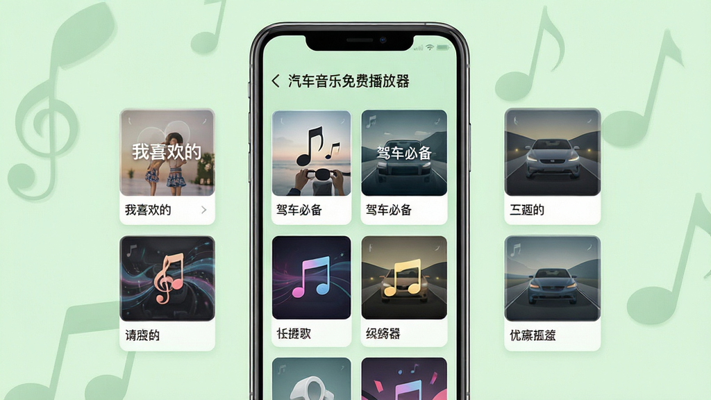 主体:手机界面展示“汽车音乐免费播放器”的歌单管理页面,有多个歌单卡片;布局:手机居中,屏幕显示网格状歌单,每个卡片有封面和名称;排版:卡片式布局,整齐排列;风格:清新简约,淡绿色背景;细节:歌单名称如“我喜欢的”“驾车必备”清晰可读,封面有音乐元素;画质:高清,干净无多余元素