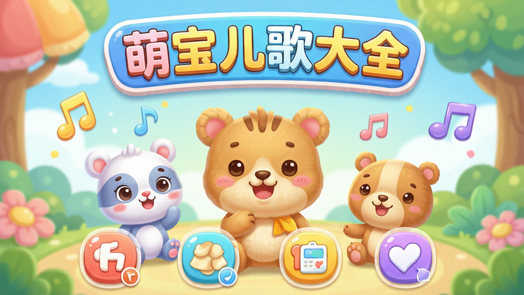 萌宝儿歌大全APP主界面展示,卡通风格的儿童乐园背景,色彩明亮柔和,主体为可爱的卡通动物和音符元素,界面布局清晰,图标圆润,顶部显示“萌宝儿歌大全”招牌,画质高清,干净无多余元素