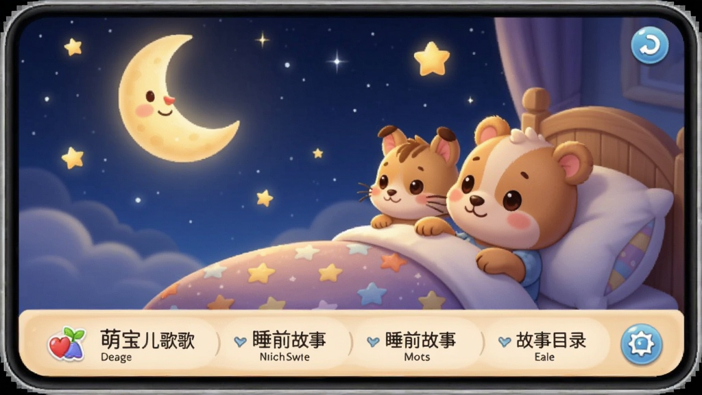 萌宝儿歌大全睡前故事播放界面,夜晚星空背景,月亮和星星闪烁,卡通小动物躺在床上听故事,屏幕下方有故事目录列表,整体画面温馨宁静,画质柔和清晰