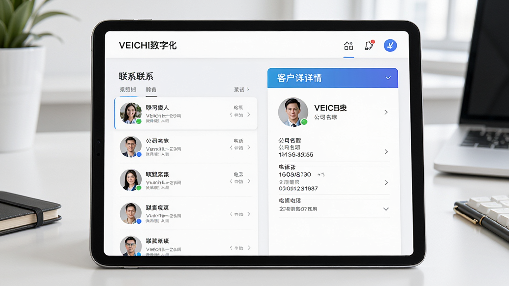 ��������Ϊƽ�����չʾ��VEICHI���ֻ����ͻ�����ҳ�棬���Ϊ��ϵ���б����Ҳ�Ϊ�ͻ����鿨Ƭ������ͷ�񡢹�˾���ơ��绰���ֶΣ�����Ϊ��Լ�������棬��������������ƽ����ƣ�ϸ��ͻ���������ݣ����ʸɾ��������޶���Ԫ��