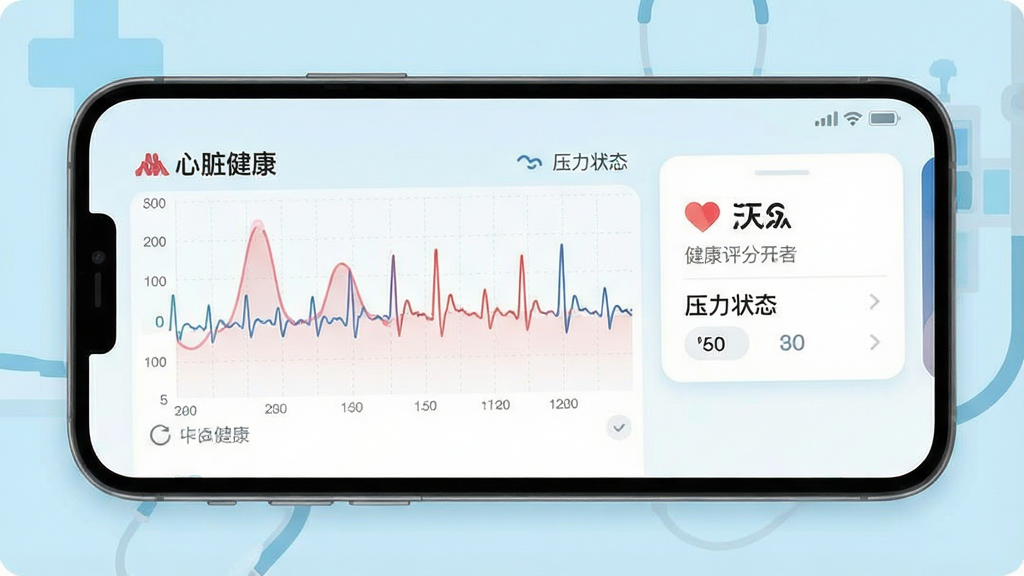 一张卡帕奇心电APP界面截图,主体是手机屏幕显示心率波形图与健康评分卡片,背景为淡蓝色医疗风格,布局清晰展示“心脏健康”、“压力状态”等功能模块,排版简洁现代,扁平化设计风格,细节包含波形线条与数据标签,画质高清干净无多余元素