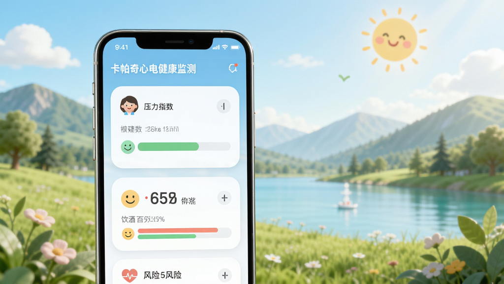 卡帕奇心电健康监测功能图,主体是手机界面展示压力指数与饮酒风险百分比,背景有轻松愉悦的自然风景元素,布局采用卡片式模块,风格清新柔和,细节包含彩色进度条与笑脸图标,画质干净无多余元素