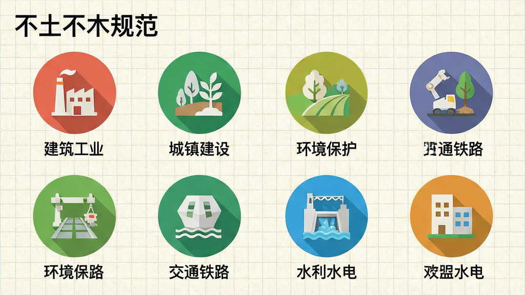 一张不土不木规范APP功能展示图,画面以环形图标形式呈现多个行业分类,包括建筑工业、城镇建设、环境保护、交通铁路、水利水电等,每个图标下方有对应文字标识,整体布局对称清晰,背景为浅色网格纸纹理,风格扁平化,色彩明快,图片左上角标注“不土不木规范”字样,画质干净。</p>