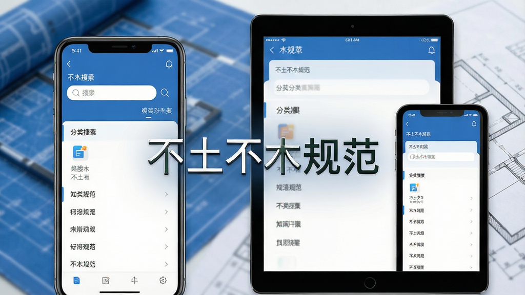 一张展示不土不木规范APP在智能手机和平板设备上运行的界面预览图,主屏幕显示清晰的规范搜索对话框和分类导航菜单,背景为模糊化的建筑蓝图与工程图纸元素,整体风格科技感与专业感并重,界面整洁、图标现代,突出移动端知识库的便捷性,画面中心配有文字“不土不木规范”,画质高清干净,无多余元素。