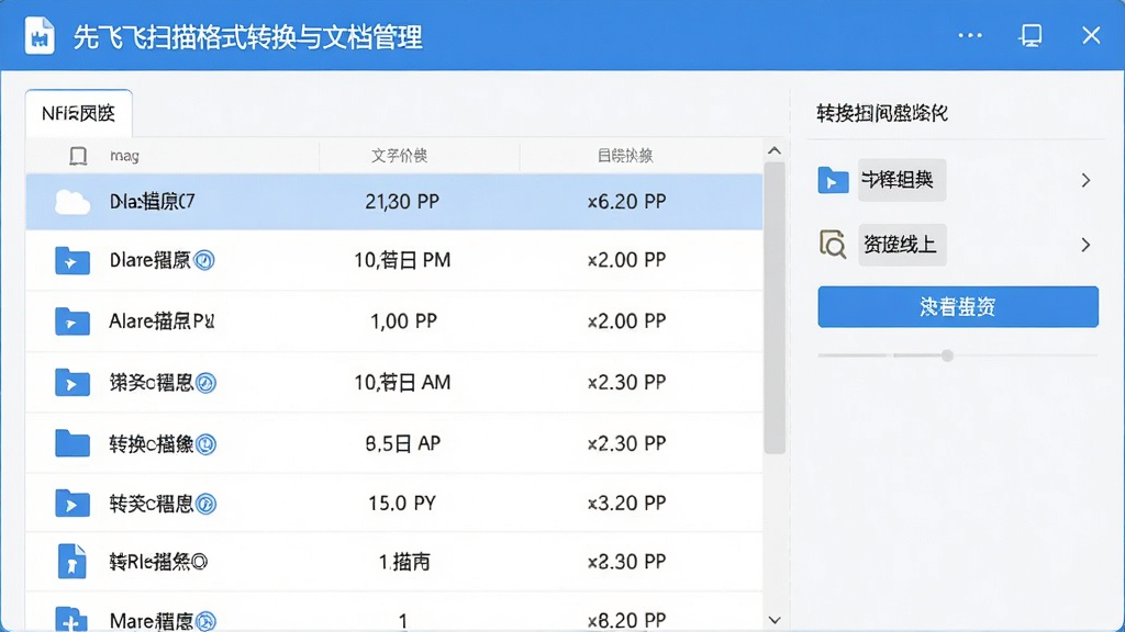 先飞扫描格式转换与文档管理界面图,展示文件列表和转换选项,界面简洁,图标清晰,画质干净,无多余元素