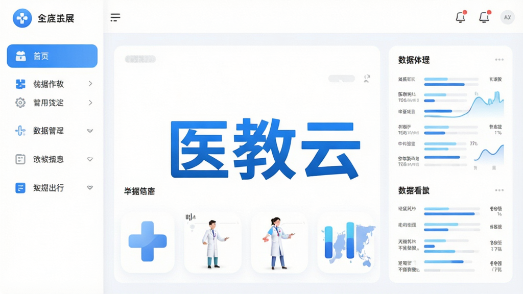 医教云软件主界面展示,现代简约风格,左侧为功能导航栏,右侧为数据看板,屏幕中央显示“医教云”字样,整体色调以蓝色和白色为主,界面清晰,图标圆润,画质高清,干净无多余元素