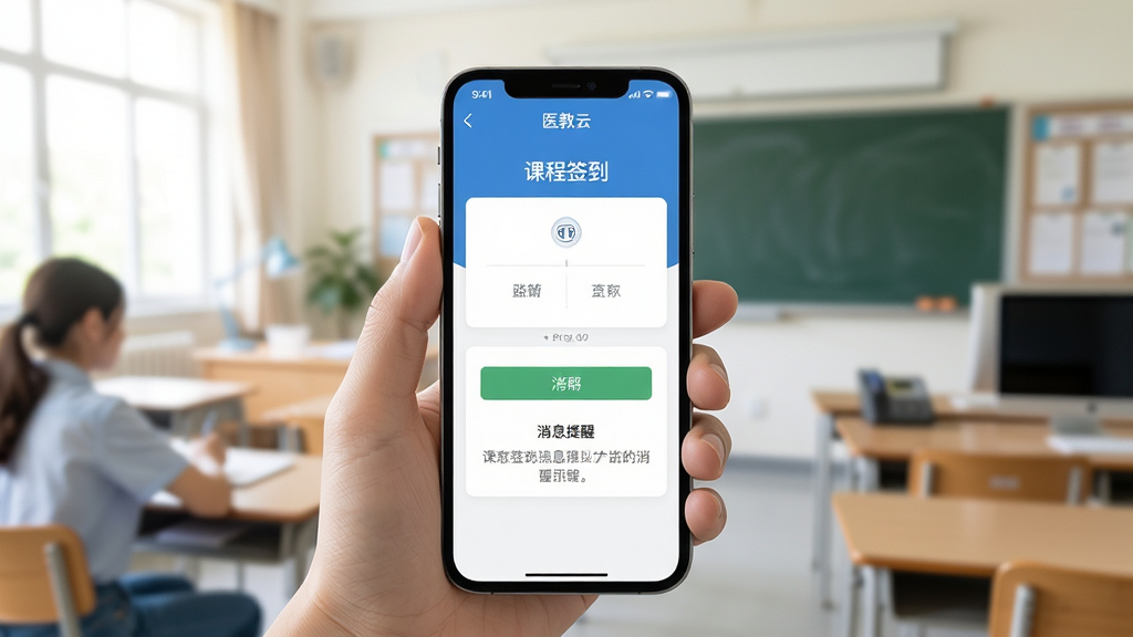 医教云移动端APP使用场景,手机屏幕显示课程签到和消息提醒,背景为教室或办公室,人物手部持机特写,界面清晰,光线明亮,画质细腻,无多余元素