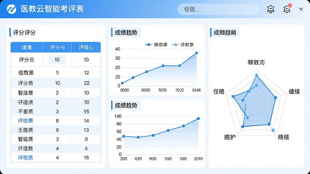 医教云智能考评界面,展示评分表格、成绩趋势图和雷达图,界面以蓝白为主,图表数据清晰,背景简洁,画质高清,干净无多余元素