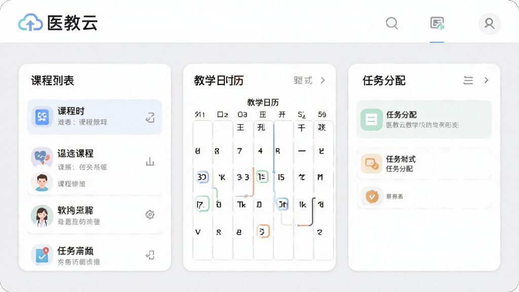 医教云教学管理功能预览图,展示课程列表、教学日历和任务分配界面,背景为浅灰色,卡片式布局,顶部有“医教云”品牌标识,画面清晰,色彩柔和,无多余元素