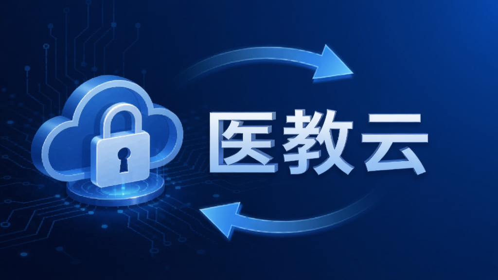 医教云数据安全示意图,展示云端锁图标和同步箭头,背景为深蓝色科技感渐变,中央有“医教云”字样,画面简洁,高质感,无多余元素
