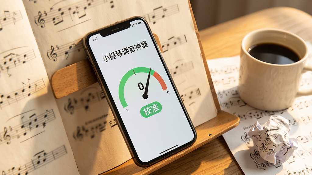 一部手机平放在乐谱架上,屏幕显示“小提琴调音神器”的调音完成状态,指针稳定在0刻度,界面显示绿色“校准”字样,旁边有一杯咖啡和揉皱的乐谱,光线温暖明亮,采用生活化场景摄影风格,突出应用使用的日常氛围,构图舒适,画质干净,无多余元素
