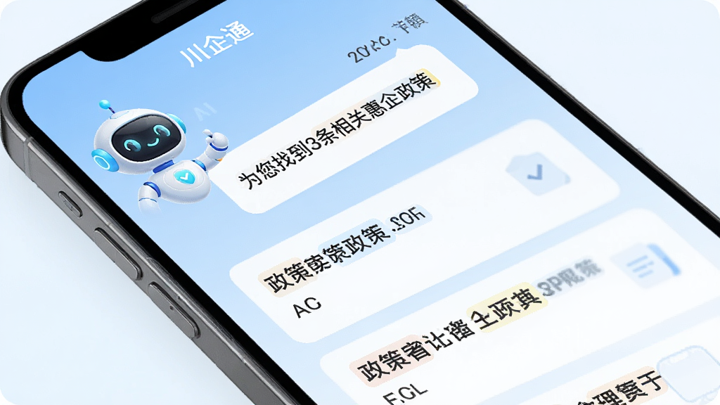 展示“川企通”App内置的智能政策助手功能界面,屏幕中一个友好的机器人卡通头像位于左上角,对话框内显示“为您找到3条相关惠企政策”的文字,下方列出政策标题卡片,背景为淡蓝色渐变,界面风格清新简洁,突出AI对话与政策检索的便捷性,画质高清,无多余元素