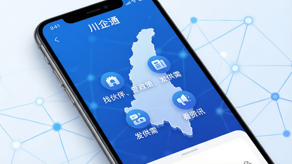 高清数字艺术风格,展示一款名为“川企通”的智能手机应用界面,界面以蓝色和白色为主色调,主屏幕中央显示“找伙伴、查政策、发供需、看资讯”四个功能图标,背景为抽象化的四川省地图轮廓与连接的网络节点线条,整体布局清晰现代,UI设计简洁大气,画质细腻,充满科技感与商务感,干净无多余元素