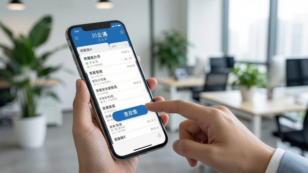 展示“川企通”App在手机上的实际使用场景,一只手正拿着手机点击屏幕上的“查政策”按钮,手机界面清晰显示政策列表,背景是模糊的现代办公室环境,有绿色植物点缀,画面真实自然,突出移动办公的便捷性,画质高清,构图干净