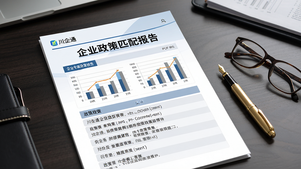 展示“川企通”App生成的企业专属政策报告页面,页面以PDF文档形式呈现,顶部有“企业政策匹配报告”标题,下方为图文并茂的数据图表与政策条目列表,旁边配有一支金色钢笔和眼镜,背景为商务办公桌面,风格专业、严谨,突显报告的权威性与定制感,画质清晰,无多余元素