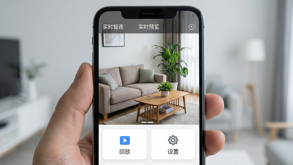 一张展示智能手机屏幕中运行高清智连远程监控App的界面特写,手机竖屏握在手中,屏幕清晰显示客厅监控画面,画面中沙发、茶几、绿植清晰可见,界面采用卡片式布局,顶部有“实时预览”字样,下方有回放、设置等图标,背景为简约的浅灰色家居环境,光线自然,画质干净清晰,突出软件名称“高清智连远程监控”,整体风格写实,无多余元素