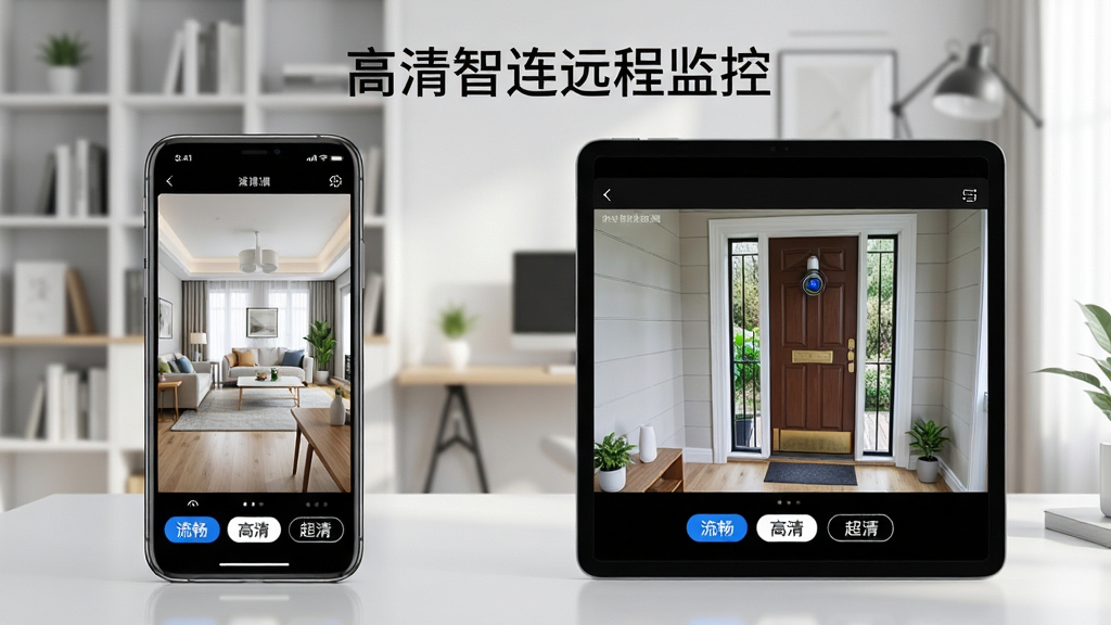 一幅展示高清智连远程监控App在手机与平板同时观看不同监控画面的场景,左边手机显示客厅,右边平板显示门口,画面均清晰流畅,界面底部有“流畅”“高清”“超清”画质切换按钮,背景为现代简约书房,光线明亮,风格科技感,画质细腻,突出“高清智连远程监控”名称,无多余元素