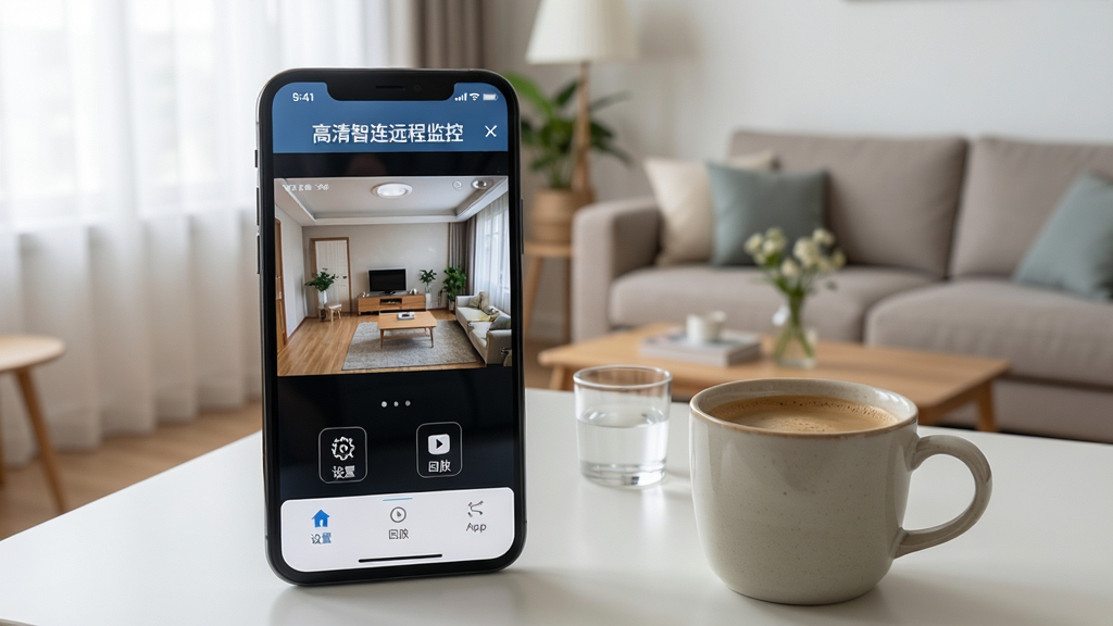 一张展示高清智连远程监控App在手机上运行的实拍图,手机屏幕显示监控画面,旁边放着一杯咖啡,桌面整洁,背景为家庭客厅一角,画面中监控清晰显示室内场景,界面有“设置”“回放”图标,风格自然生活化,画质干净,突出“高清智连远程监控”名称,无多余元素