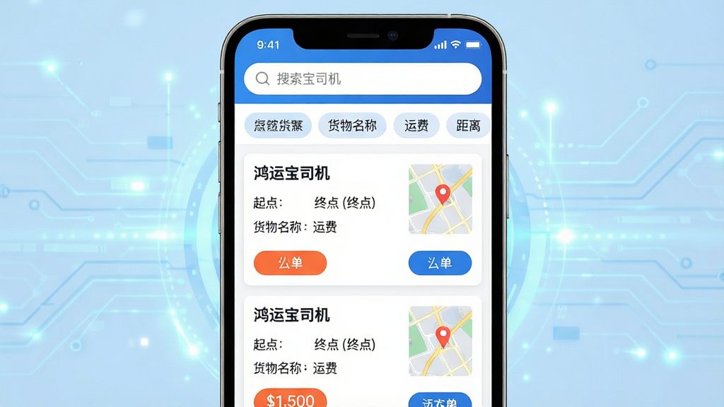 ���壺һ�������ֻ���Ļ�Ŵ�չʾ�����˱�˾����APP�Ļ�Դ�б����棬�Ϸ����������ɸѡ��ǩ���·��г�������Դ��Ƭ��ÿ����Ƭ��ʾ��㡢�յ㡢�������ơ��˷Ѻ;��롣���֣��ֻ����У�����Ϊ����ɫ�Ƽ��й�Ч����Ƭ�б��������С��Ű棺���涥�����������в�ɸѡ�������ײ�������Ƭ����Ƭ�ϡ����˱�˾����LOGOλ�����Ͻǡ���񣺱�ƽ��UIչʾ�������ֱ�ۡ�ϸ�ڣ���Ƭ���С���������ť���˷ѽ�������ʾ����ͼ����ͼ��׺�����ʣ����壬�ɾ����޶���Ԫ�ء�