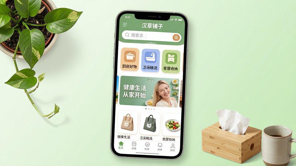 主体:一部亮屏的智能手机屏幕占据画面中央,屏幕内展示“汉草铺子”APP首页界面,界面顶部为搜索栏,下方依次排列“厨房好物”“卫浴精选”“家居收纳”等彩色图标分类模块,中部为滚动横幅广告位,展示“健康生活 从家开始”字样,底部为白色导航栏。布局:手机呈略微倾斜的正面视角,背景为淡绿色渐变,左上角放置一盆绿萝盆栽,右下角散落几件简约日用品如竹制纸巾盒、陶瓷马克杯。排版:手机屏幕内容清晰可辨,文字均为中文,字体采用圆润的无衬线体,界面元素间距均匀。风格:扁平化UI设计风格,色彩以暖白、浅木色、淡绿色为主,整体明亮干净。细节:屏幕中商品缩略图清晰,图标圆润带轻微阴影,画质为4K超清,整体画面干净无多余元素。