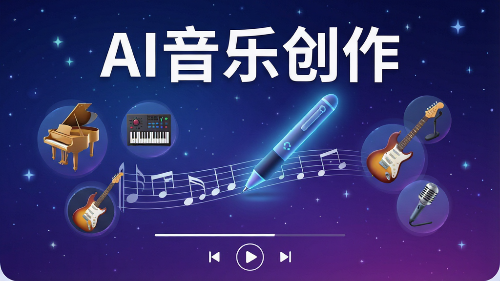 画面主体为“AI音乐创作”APP的界面概念图,中央是一支发光的智能笔正在五线谱上绘制音符,周围漂浮着各种音乐风格图标如古典钢琴、电子合成器、摇滚吉他和流行麦克风,背景是渐变蓝紫色的科技感星空,布局采用左右对称,上方有醒目的白色艺术字标题“AI音乐创作”,下方是简洁的播放控制条,整体风格现代简约,细节丰富,画质高清,干净无多余元素