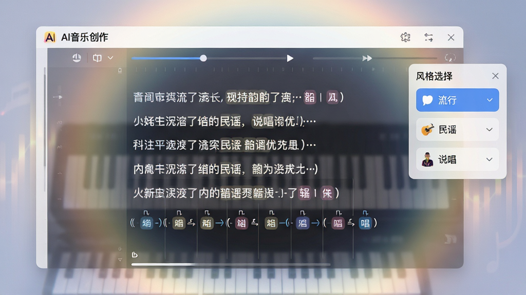 图片主体为“AI音乐创作”软件的歌词编辑界面,中央显示AI生成的歌词段落,词句下方有韵律标记和韵脚高亮,右侧悬浮着风格选择面板如“流行”、“民谣”、“说唱”,背景是柔和的光晕,整体布局简洁,风格清新,细节体现AI对歌词韵律的智能优化,画质干净,无多余元素