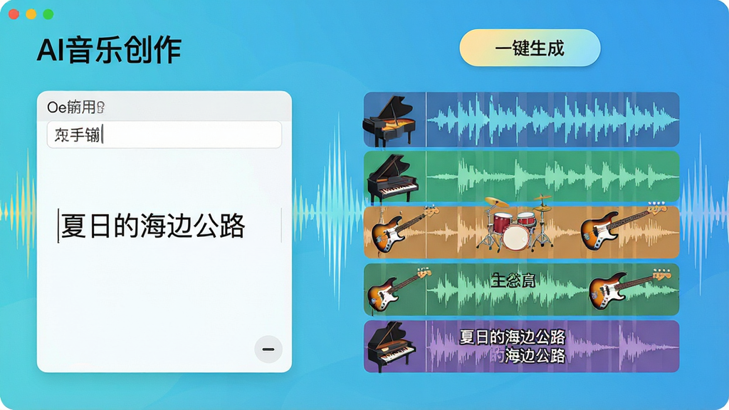 图片主体为“AI音乐创作”软件的灵感模式操作界面,左侧是文字输入框,用户正在输入“夏日的海边公路”,右侧实时生成钢琴、架子鼓、贝斯等多轨波形和歌词文本,顶部有“一键生成”按钮,背景是动态的声波律动,布局清晰,风格明亮轻快,细节展示AI智能生成的流程,画质清晰,干净无多余元素