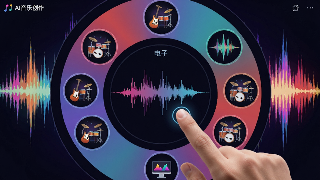 图片主体为“AI音乐创作”软件的风格选择界面,以圆形转盘形式展示多种音乐风格图标,每个图标具有代表性的乐器或场景元素,用户手指正点击“电子”风格,屏幕中央预览音色波形,背景是多彩的抽象声波,布局对称,风格时尚,细节丰富,画质清晰,无多余元素
